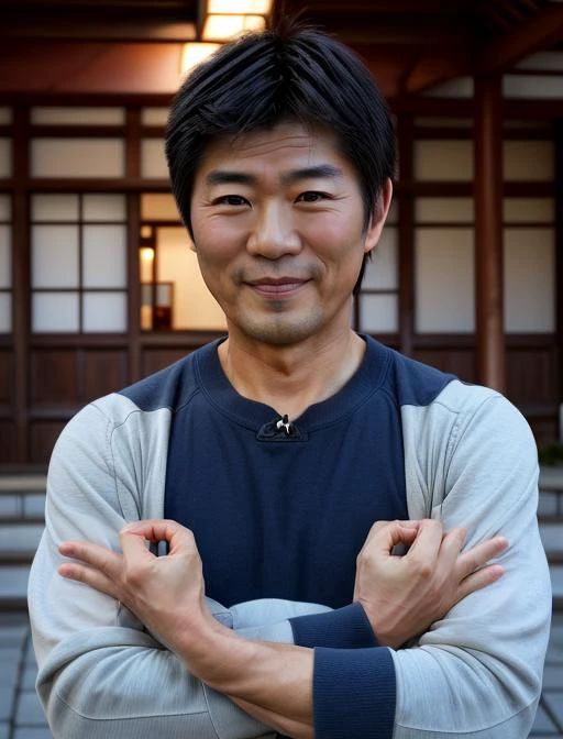 arafed asian man with arms crossed in front of a building