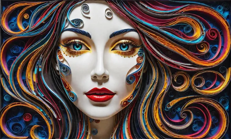 Paper quilling art of When dreams collide, A highly abstract oil painting, A beautiful female robot made from hammered steel, [[colorful painted wall background]], (sarcastic smile:0.64) [mixed color accents], [tiny led lights set beneath translucent chass...