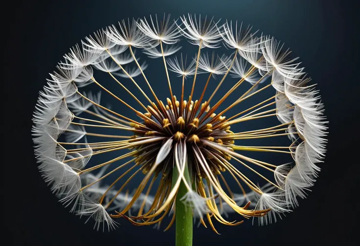 masterpiece, best quality, 8k, professional , by famous artist , trending on artstation, intricated details, detailed,   realsitic, boekh , photorealistic,  dark shadows, natural light, dramatic,  source realistic, The delicate structure of a dandelion see...