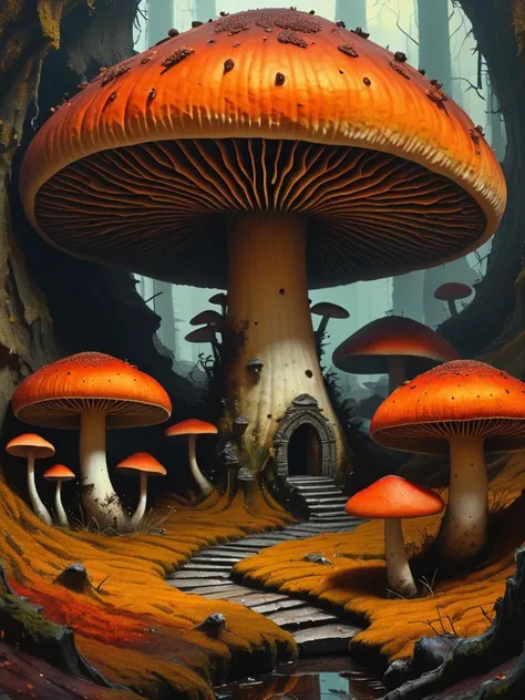 Dystopian style (detailed grungy shock art) ridges of thick paint create a trippy scene, a giant mushroom is hope to tiny robotic ant like workers, brilliant glowing accents inside the labyrinth, ridges of thick paint create shadows and thick colorful te...