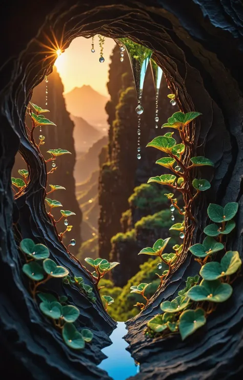 a view of a cave with a river and trees in it