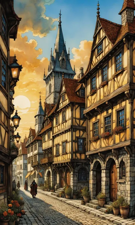 a painting of a street with a clock tower and a building