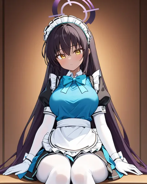 karin (blue archive), dark-skinned_female, maid_headdress, 1girl, halo, maid, blush, white_pantyhose, looking_at_viewer, 1boy, white_gloves, sitting, white_apron, bowtie, solo_focus, breasts, maid_apron, puffy_short_sleeves
<lora:karin_(blue_archive)_image...