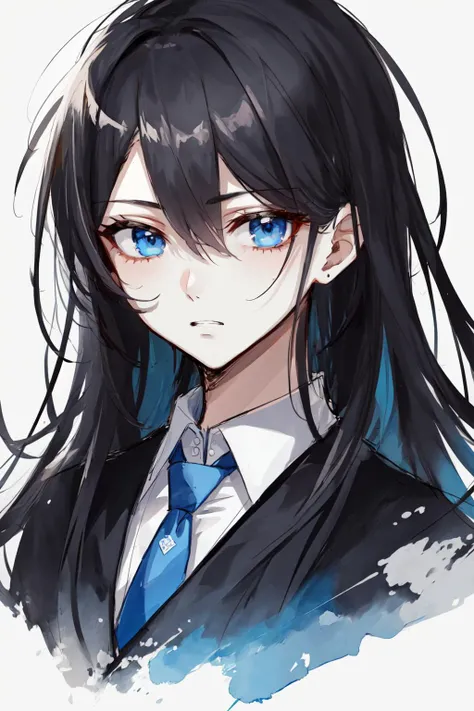 anime girl with long black hair and blue eyes wearing a suit