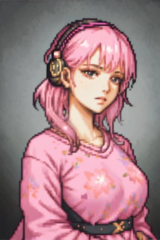 <lora:pixelstyle-sah2:0.7>, gbaportrait, pixel art, portrait of a woman wearing pink floral pattern raglan shirt, ear muffs