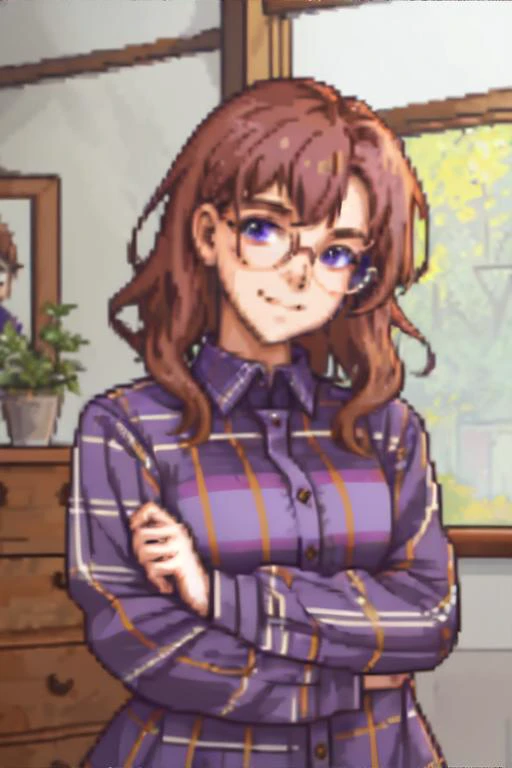 <lora:bzl:0.6>, <lora:pixelstyle-sah2:0.7>, gbaportrait, bzl_test, wavy short brown hair, (blue|grey) eyes, glasses, purple plaid flannel shirt, closed smile, (freckles:0.4)