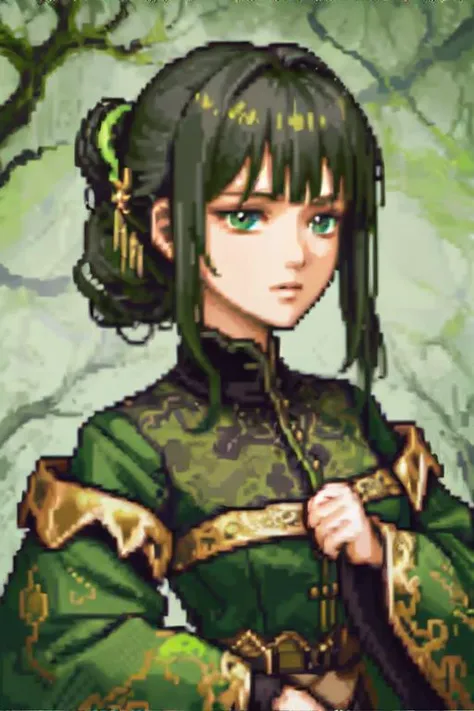 <lora:pixelstyle-sah2:0.7>, gbaportrait, pixel art, portrait of a woman wearing moss green brocade high-neck shirt, hair clip