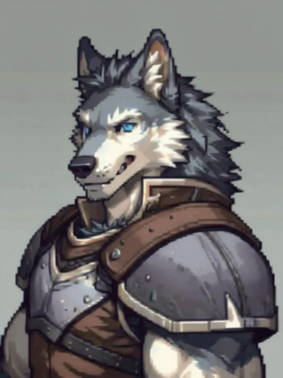 anthro,canid,mammal,canine,solo,armor,male,wolf,fur,claws,canis,hi res,fingers,blue eyes,muscular anthro,muscular,were,clothing,muscular male,werecanid,5 fingers,white body,simple background,white fur,black nose,grey body,biped,pauldron,grey fur,<lora:gbap...