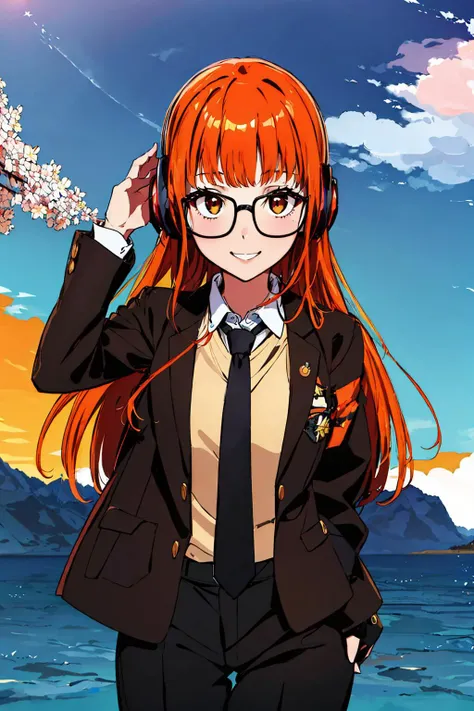 (masterpiece, best quality:1.1), <lora:Persona5SakuraFutabaCharecter_v10:0.7>, cowboy shot, solo, 1girl, sakura futaba, smile, looking at viewer, adjusting eyewear, long orange hair, headphones, glasses, black suit jacket, collared shirt, necktie, black pa...