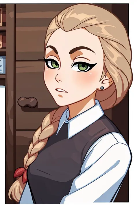 comic style, illustration, cartoon, katyastik, 1girl, solo, braid, long hair, shirt, earrings, single braid, white shirt, collared shirt, brown hair, green eyes, blonde hair , upper body  <lora:katyastik:0.55>, [[by phil jimenez]]