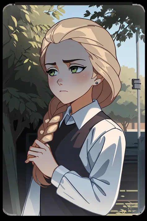 (dark shot:1.4), 80mm, (anime), (illustration), cartoon, detailed, katyastik, 1girl, solo, braid, long hair, shirt, earrings, single braid, white shirt, collared shirt, brown hair, green eyes, blonde hair , upper body , closed mouth, day, nature, tree, sky...