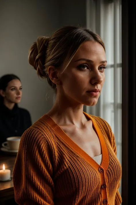 perfect cinematic shoot of a beautiful woman (EPSt3phL33-360:.99), a woman standing next to a (dining room), perfect blonde top knot updo, wearing sexy (Monarch Orange Ribbed knit cardigan with balloon sleeves:1.2), (people in background:1.1), (detailed ba...