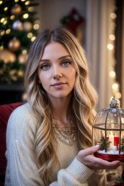 photo of (EPSt3phL33-360:0.99), a woman, perfect blonde hair, perfect makeup, posing, (selfie photo, Christmas outfit), ((Christmas Eve)), (Christmas inspired snow globes), (attending a christmas eve church service  in background:1.2), (victorian christmas...