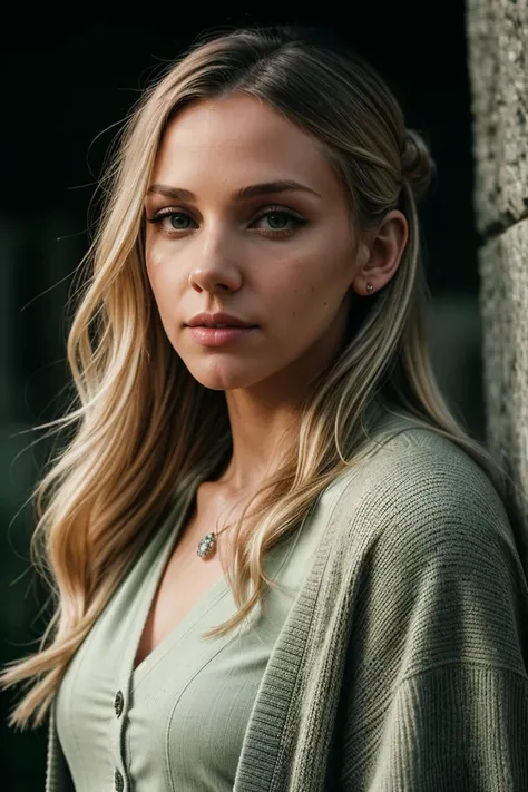 perfect cinematic shoot of a beautiful woman (EPSt3phL33-360:.99), a woman standing next to a (stonehenge), perfect platinum blonde top knot updo, wearing sexy (Sage Green Buttoned cardigan with bell sleeves:1.2), (people in background:1.1), (detailed back...