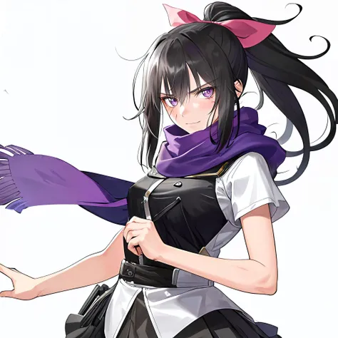 (adult woman), 1girl, solo, (black hair, long hair, ponytail), ((unkempt hair, messy hair)), smirk, smug, purple eyes, (scar over eye, face scar), ((scratch, scar:1.2)), detailed face, detailed skin, (skirt, scarf, short sleeves), no background, white back...