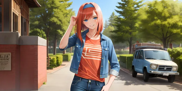 cinematic, (adult woman), solo, (fiery ginger hair, medium hair), (blue hairband), (blue eyes), happy, smile, grinning, ((muscular)), (denim jacket, t shirt, jeans), (small breasts), (town park), tree, (best quality, high detail), <lora:Sty - Tony Taka v3:...