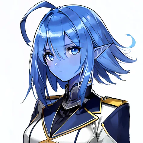 portrait, (adult woman), 1girl, solo, (blue hair, medium hair), (ahoge), blue eyes, detailed face, pointy ears, ((blue skin:1.2)), (blue space cadet uniform), (plain background, white background), (best quality, high detail), <lora:Sty - Tony Taka v3:1>