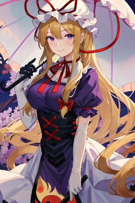 best quality, masterpiece, highres, solo, {yakumo_yukari_touhou:1.15}, blonde_hair, ribbon, hat, long_hair, mob_cap, hat_ribbon, red_ribbon, smile, white_headwear, bangs, bow, breasts, purple_eyes, hair_between_eyes, hair_bow, tabard, upper_body, large_bre...