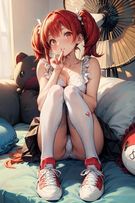 (masterpiece, best quality), red hair girl twintails on the bed wearing only frill white bra and panties white kneesocks and sneakers stuffed animals and fan, (Clutter-Home:0.8), (detailed skin:1.3) (sharp focus), <lora:add_detail:1>