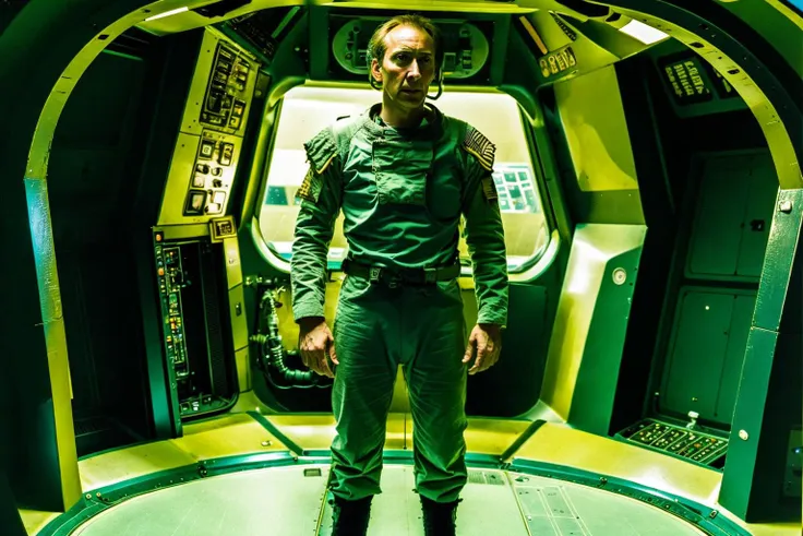 arafed man in a green space suit standing in a space station