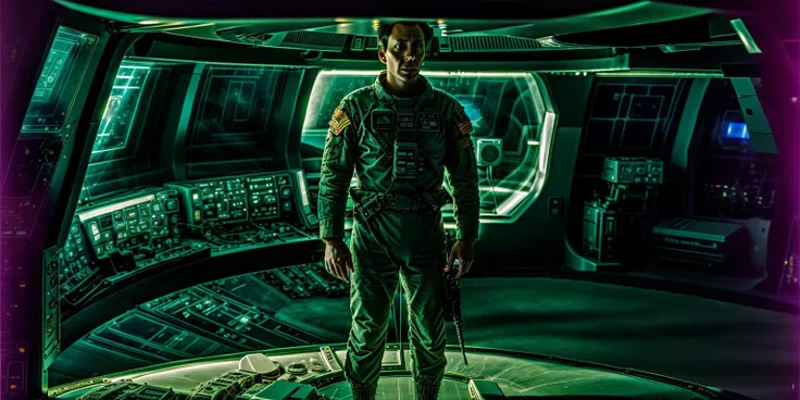 arafed man in a green space suit standing in a spaceship