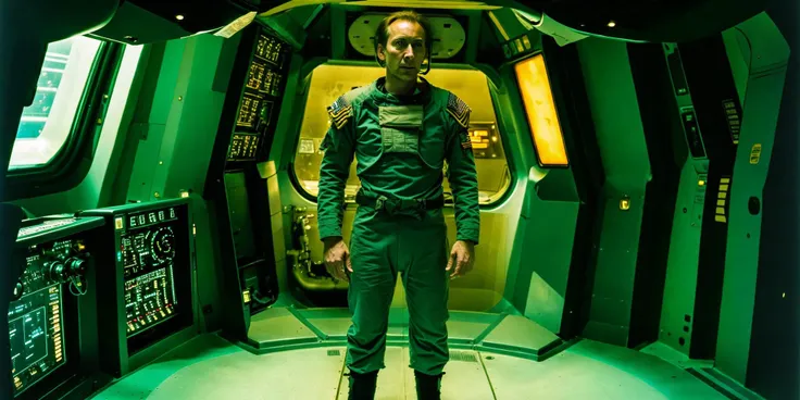 arafed man in a green space suit standing in a space station