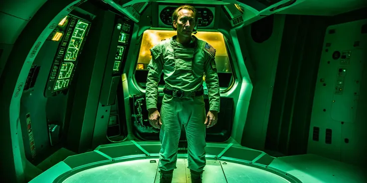 a man standing in a spaceship room with a green light