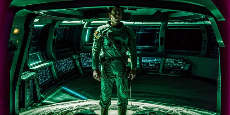 arafed man in a green space suit standing in a spaceship