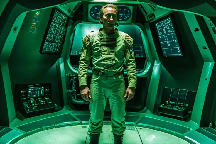 arafed man in a green uniform standing in a spaceship