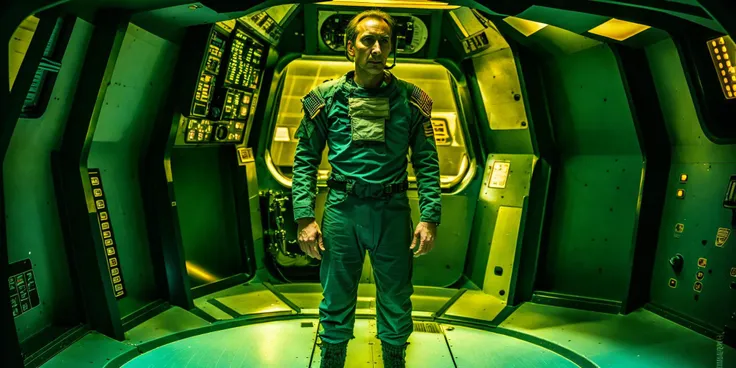 arafed man in a green space suit standing in a space station