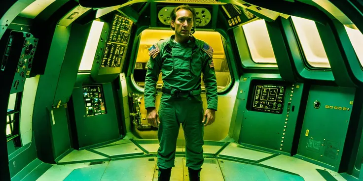 arafed man in a green uniform standing in a space station