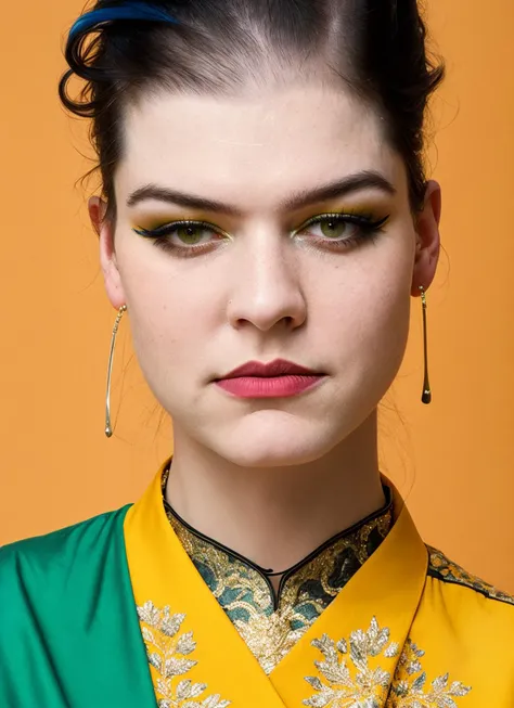 a close up of a woman with a green and yellow outfit