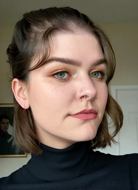 a close up of a woman with a black turtle neck top