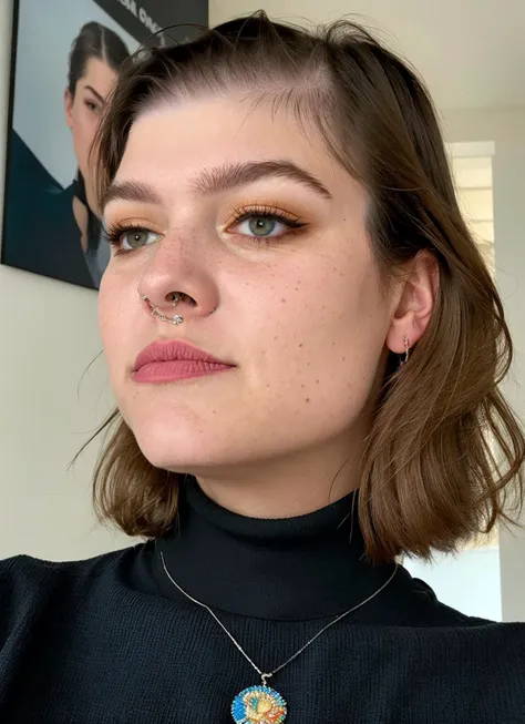 a woman with a black turtle neck top and a blue and yellow pendant