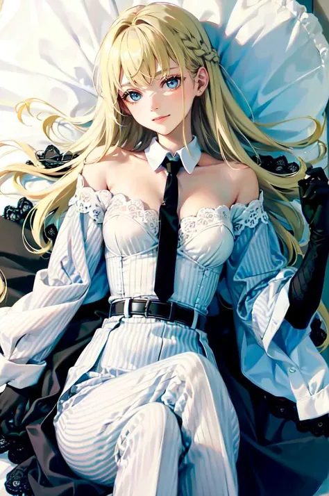 <lora:su1tju:0.85> su1tju, white shirt, black gloves, belt, bodysuit, black necktie, crossed legs,, absurdres, ultra detailed, masterpiece, best quality, aesthetic, detailed,, solo, soft smile, light smile,
katya1, 1girl, blue eyes, very long hair, blonde ...