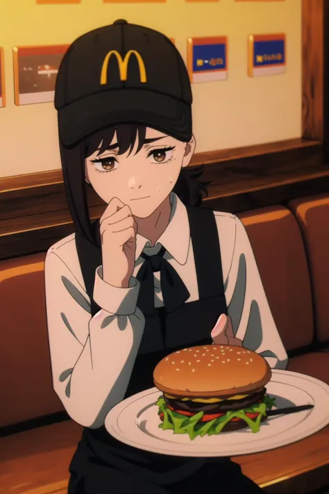 absurdres, highres, ultra detailed, mcdonalds profile photo, <lora:McDonalds_PFP:0.8>, <lora:KobeniMakimaAndPowerV1.2:0.9>, kobeni, brown hair, brown eyes, (nervous:1.1), sweat, McDonaldsUniform, mcdonalds hat, white shirt, long sleeves, black bow, (black ...