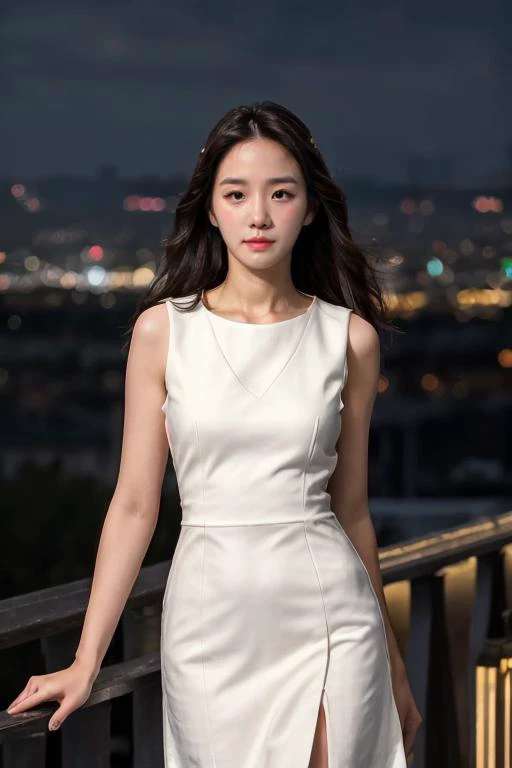 1girl, solo, (upper body:1.2), (slim body), standing, closed mouth, long hair, (small breast:1) ((elegant sleeveless dress)), lips, (photorealistic:1.4), masterpiece, 8k HDR, (realistic:0.2), cinematic lighting, colorful light, (looking at viewer), city st...