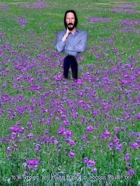 (((weirdcore))), keanu reeves standing in a medow full of beautiful flowers (((weirdcore)))