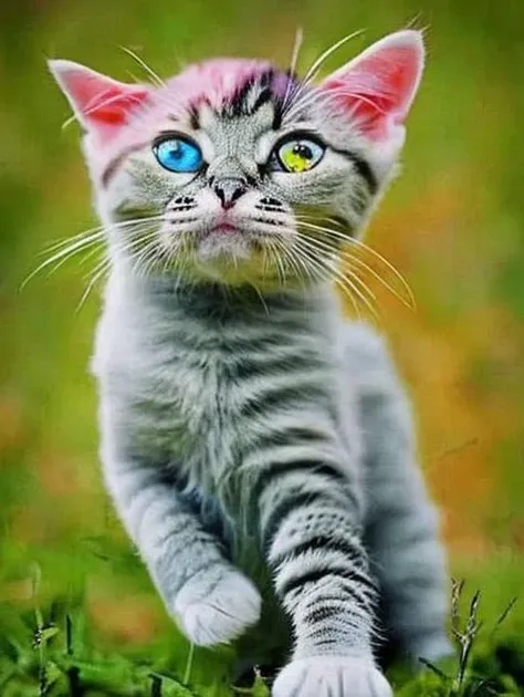 a close up of a cat with blue eyes walking on grass