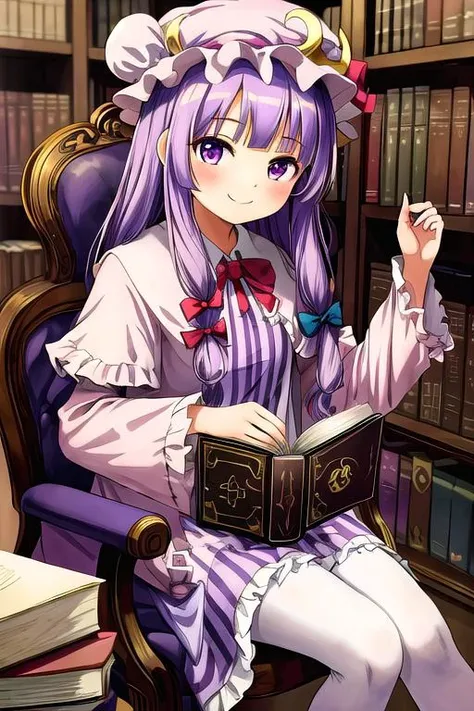 masterpiece, best quality,ultra detail, <lora:anmnr01:0.3> <lora:add_detail:0.5>,<lora:GoodHands-vanilla:0.8>,1girl, patchouli_knowledge_touhou <lora:patchouli_knowledge_touhou:0.7>,library,bookshelf,sitting chair,smile,cinematic angle,book,