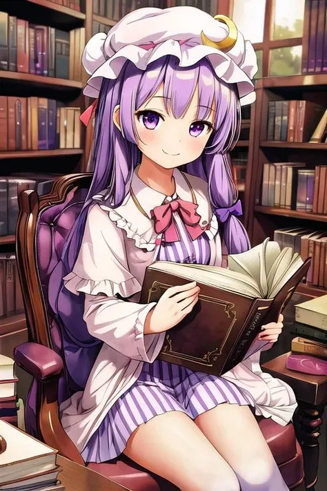 masterpiece, best quality,ultra detail, <lora:anmnr01:0.3> <lora:add_detail:0.5>,<lora:GoodHands-vanilla:0.8>,1girl, patchouli_knowledge_touhou <lora:patchouli_knowledge_touhou:0.7>,library,bookshelf,sitting chair,smile,cinematic angle,book,