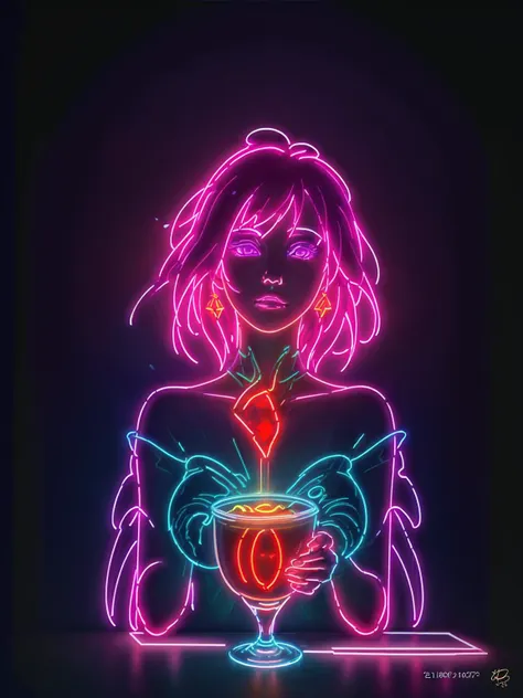 neon girl with a cup of coffee in her hands