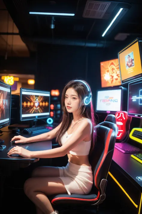 a woman sitting at a desk with a computer and headphones on