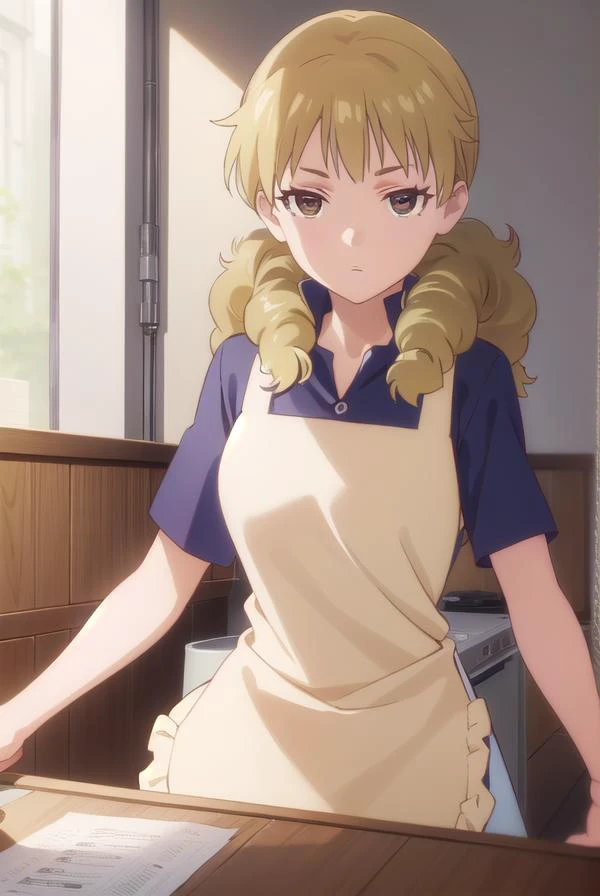 kisakikondou, <lora:kisaki kondou s1-lora-nochekaiser:1>,
kisaki kondou, long hair, blonde hair, (brown eyes:1.3),
BREAK apron, waitress,
BREAK indoors, restaurant,
BREAK looking at viewer, (cowboy shot:1.5),
BREAK <lyco:GoodHands-beta2:1>, (masterpiece:1....