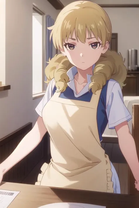 kisakikondou, <lora:kisaki kondou s1-lora-nochekaiser:1>,
kisaki kondou, long hair, blonde hair, (brown eyes:1.3),
BREAK apron, waitress,
BREAK indoors, restaurant,
BREAK looking at viewer, (cowboy shot:1.5),
BREAK <lyco:GoodHands-beta2:1>, (masterpiece:1....