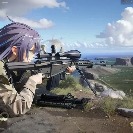 weapon, gun, holding weapon, camouflage,sniper rifle, outdoors, holding, holding sniper, twintails, rainbow hair,bag, long sleeves, tree, blue eyes, scope, bangs, jacket, blush,  grass, trigger discipline,masterpiece, sharp, ultra detailed, 8k,(high detail...