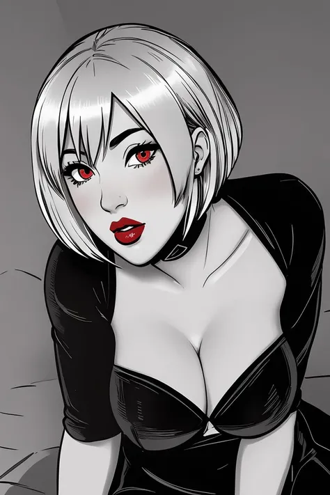 line art, sketch, monochrome, high contrast,  Vilga, blonde hair, short hair, red eyes, lipstick, bangs,
 <lora:Vilga_v01:0.8>