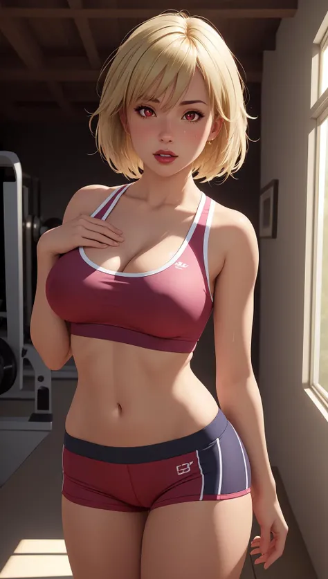 (masterpiece, best quality),  intricate details,
1girl,    <lora:Vilga_v01:0.8>, Vilga, blonde hair, short hair, red eyes, lipstick, bangs, 
indoors, gym, sweating, sports bra, bike shorts, boob sweat, cleavage,
realistic, realism, photorealism, photo-real...