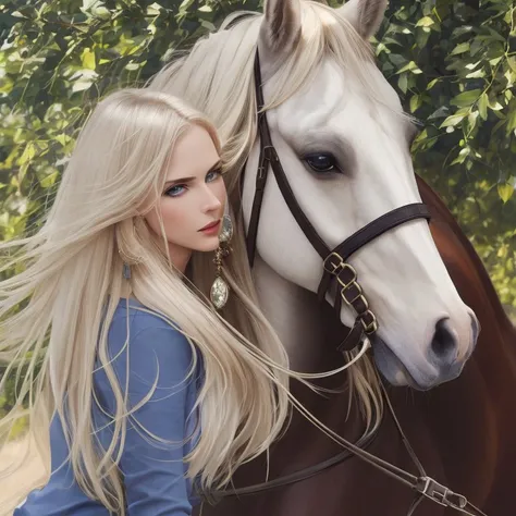 portrait, horseback riding, sensation, tall, skinny, oval face, fair skin, blonde hair, blue eyes, wide nose, full lips, sharp c...