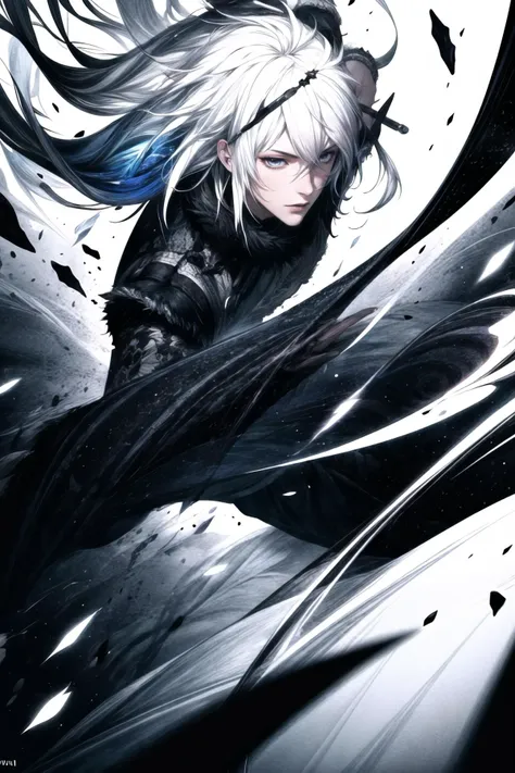 Highly detailed, High Quality, Masterpiece, beautiful, 1boy, <lora:Char_Nier_Brother:0.7>, white hair, <lora:Other_MoreDetails:0.5>, <lora:Other_MoreDetails:0.5>, Embark on a color rhapsody, with swirling movements, rhythmic brushwork, and harmonious yet u...